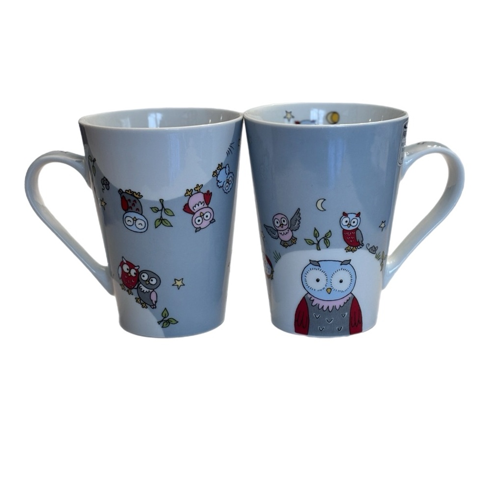 Konitz Owl Design Porcelain Mugs - Set of 2, Gray and White